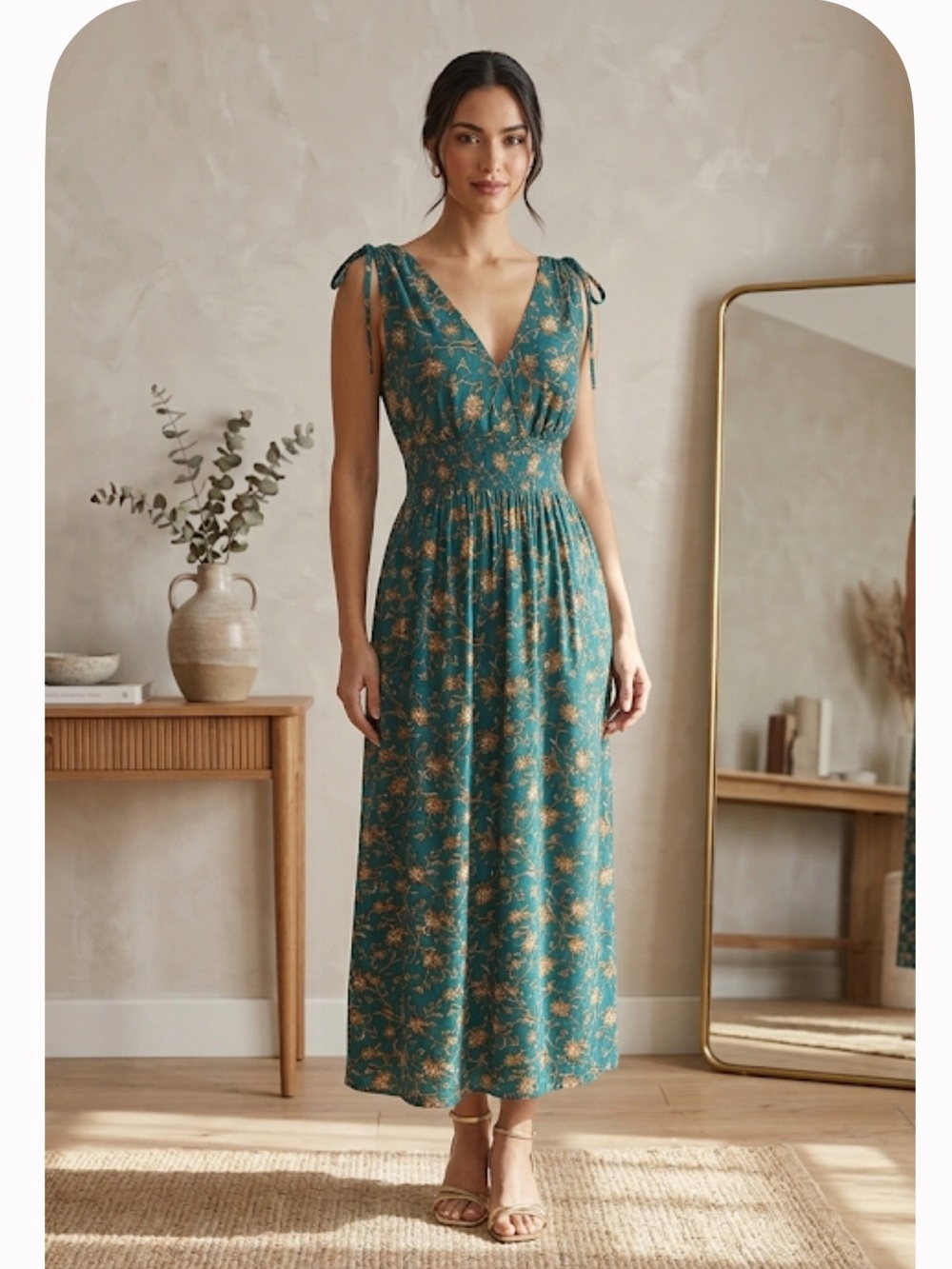 Teal Floral Midi Dress with Tie Straps